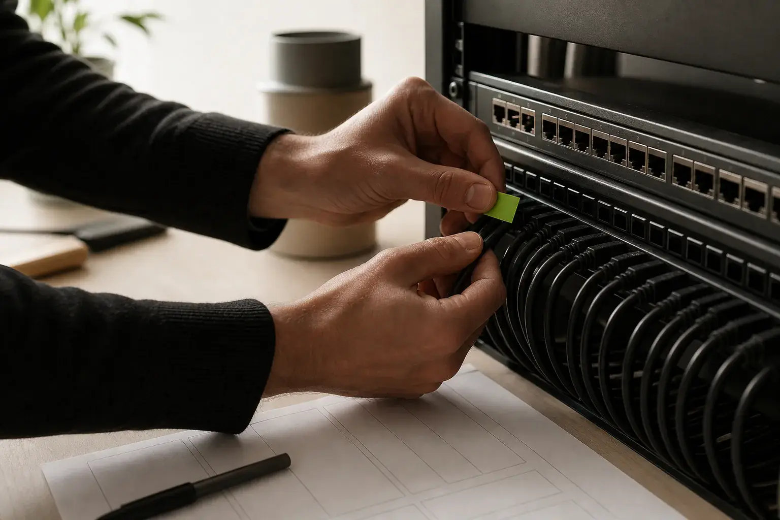 Hands carefully labelling and documenting network connections