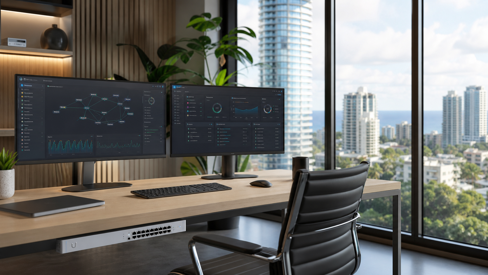Modern IT workspace on the Gold Coast - dual monitors showing infrastructure dashboards, network switches, natural light