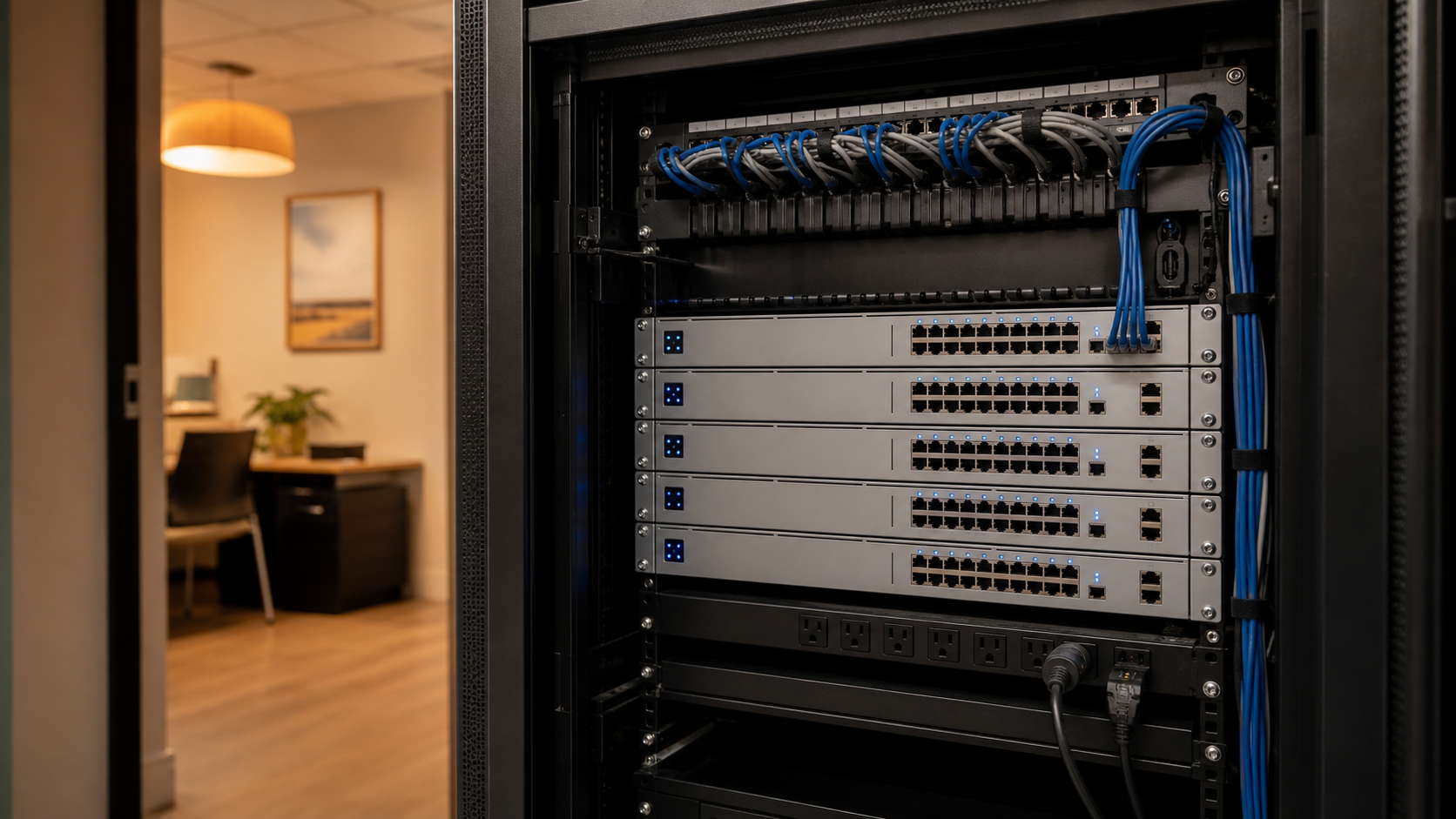Clean server rack with UniFi switches and blue LED indicators